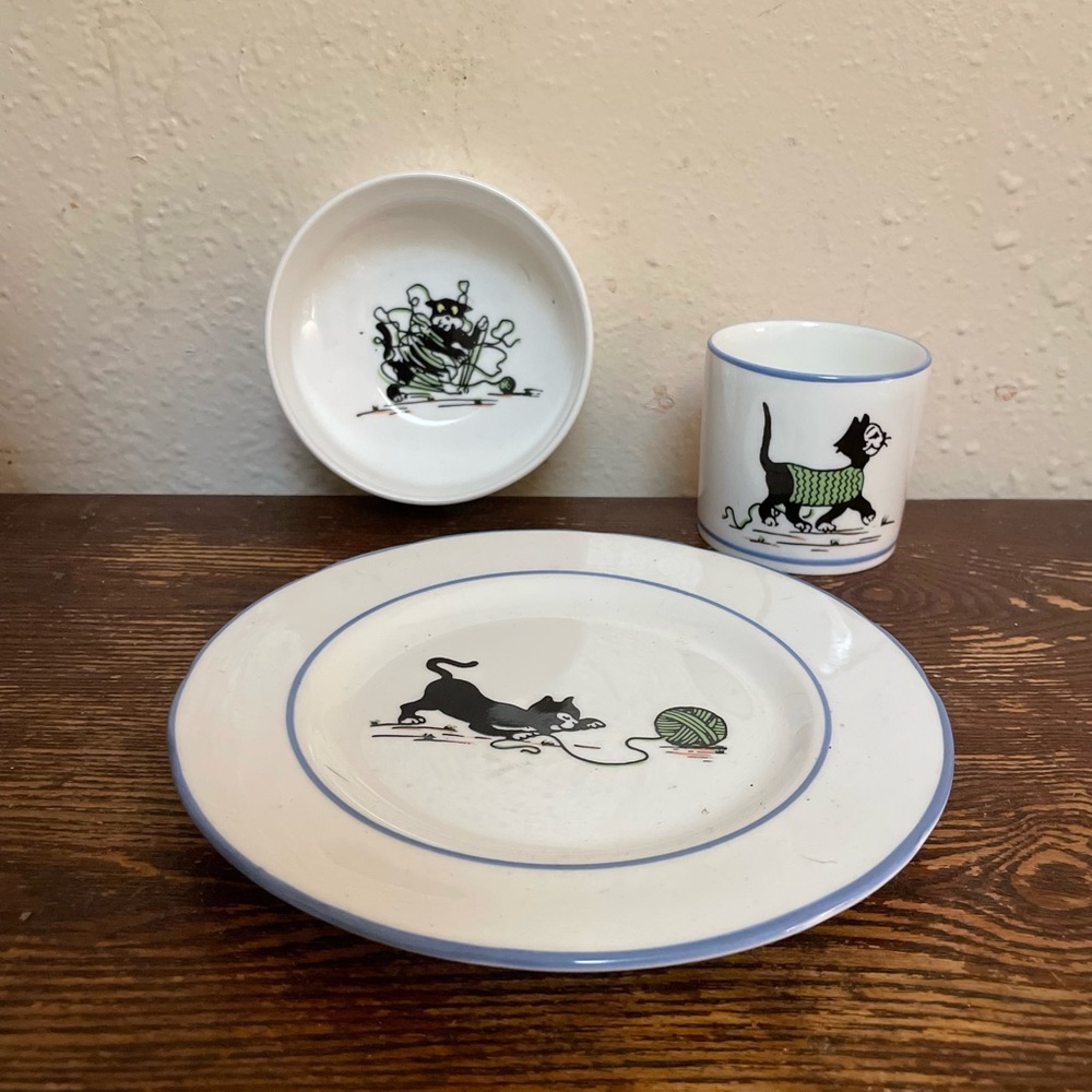 LIZA KATZENSTEIN Kitty Cat Yarn Cup Bowl Plate White Blue Kids Set Ceramic
